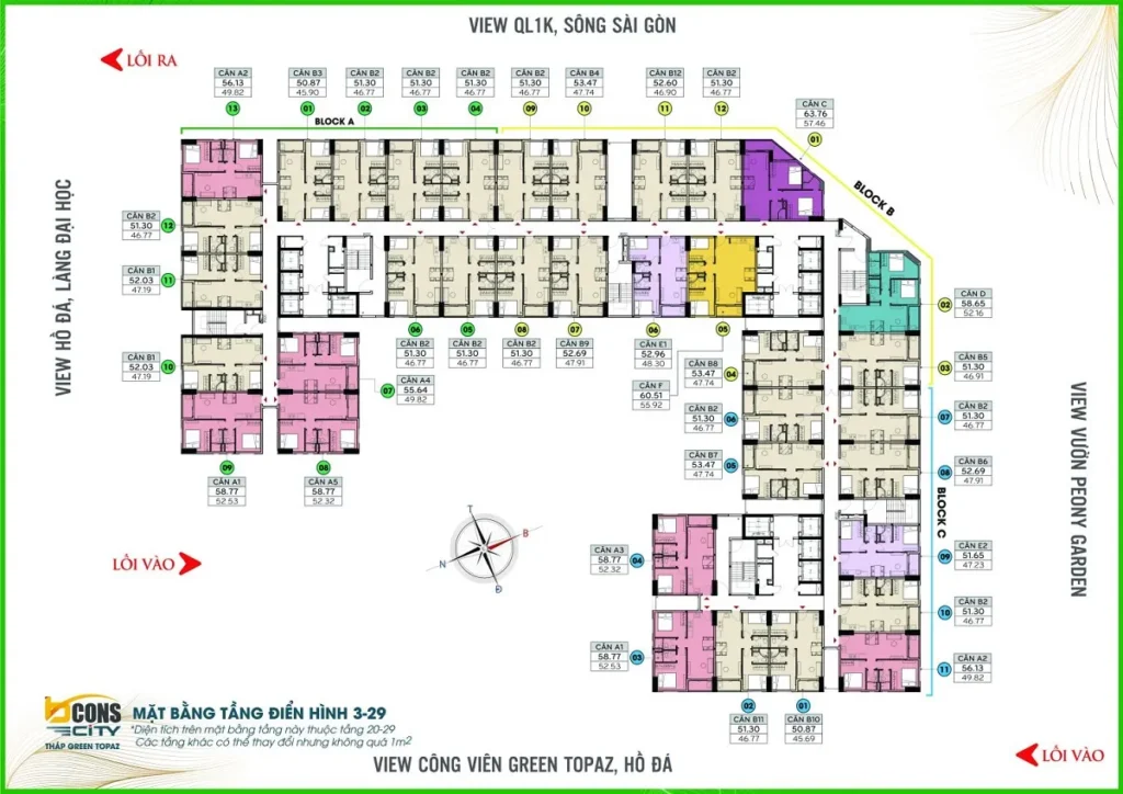 mặt bằng Tháp Green Topaz của dự án Bcons City 