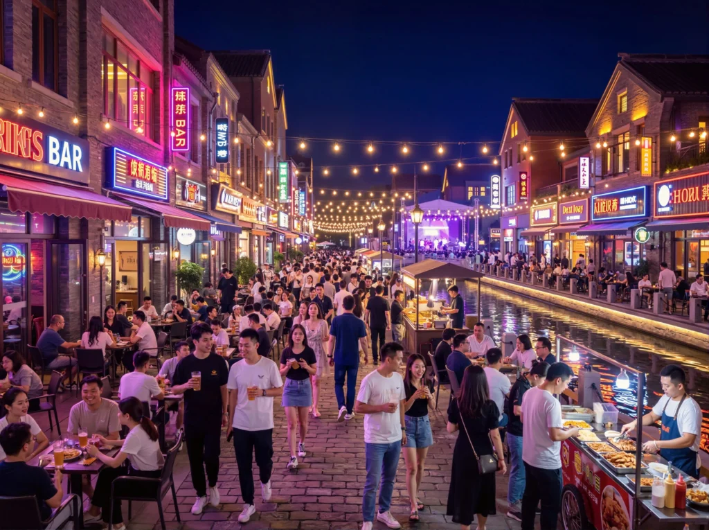 khu ăn uống ẩm thực phối cảnh phố ẩm thực Global Village tại Vinhomes Hóc Môn