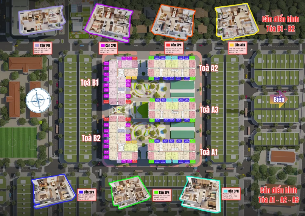 mặt bằng Hacom Ocean City gồm 5 tòa chung cư gồm A1, A2, A3, B1 và B2