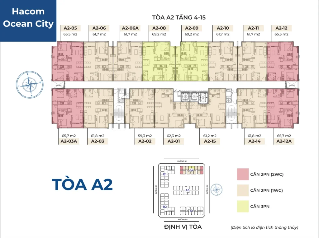 căn hộ hacom ocean city có diện tích khoảng từ 35,79–77 m²